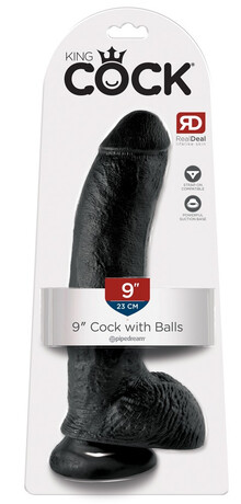 King Cock 9 - velké připínací, varlatové dildo (23 cm) - černé