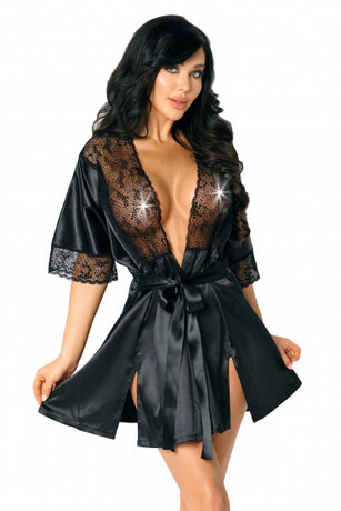 Černý župan Satin Seduction, S–M